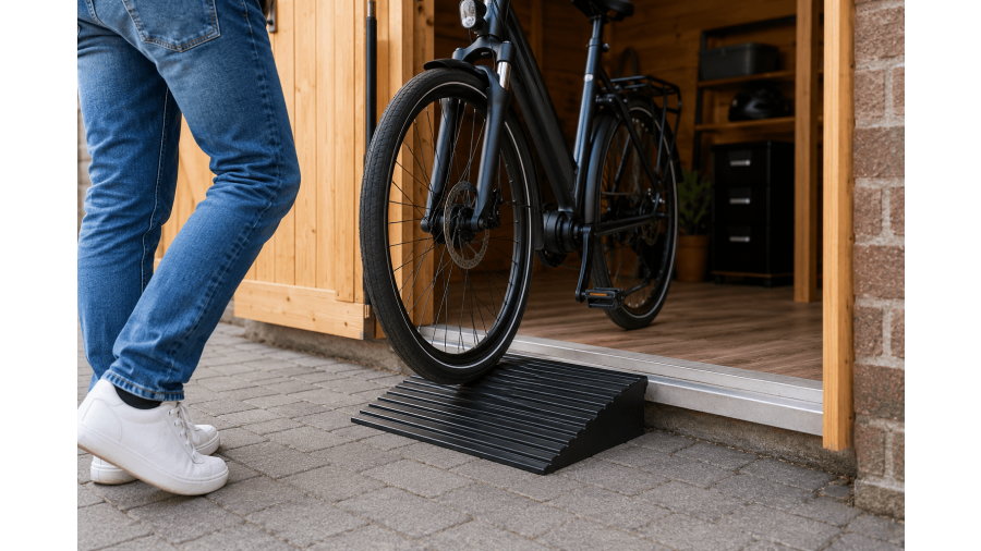 Slim je fiets in de schuur stallen met een compacte drempelhulp